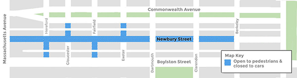 OpenNewburyStreet Map of neighborhood around Newbury Street in Boston with a blue line on the blocks between Massachusetts Avenue and Berkeley Avenue which will be closed to vehicles during Open Newbury Street times