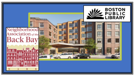 Graphic for the 2023 Homelessness Task Force Public Forum - a blue background with an image of supportive housing in the middle. The NABB logo in the bottom left corner. The Boston Public Library logo in the top right corner.