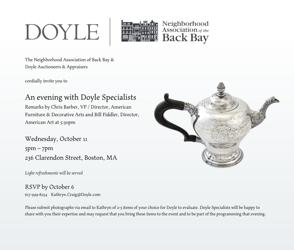 Doyle Auction and Appraisers Night Invitation Image of the invitation to the Doyle Auction and Appraisers Night. Doyle and NABB's logos appear at the top. Event details appear down the left. An image of an antique silver teapot with a black handle appears on the right. There is a gradient background fading from white to light blue, from top to bottom.