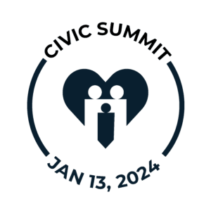 Boston Civic Summit logo - a heart with three people figures inside it; encircled with the words "Civic Summit" over the top and "Jan 13, 2024" at the bottom