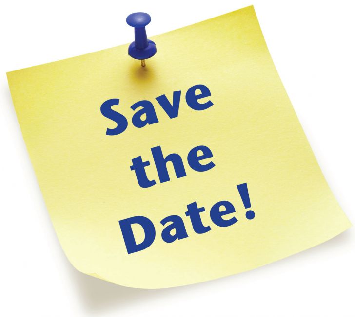 Save-the-date a yellow notepaper with "save the date!" on it in blue being tacked to the background with a blue push pin