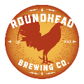 Roundhead Brewing logo - a burnt orange and yellow circle on a white background with a burnt orange silhouette of a chicken in the middle and the words "Roundhead Brewing Co." in white above and below the chicken